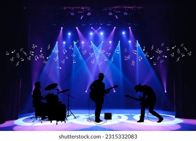 group of musicians Playing guitar, bass and drum set on black background. with many musical notes floating out, suitable for use in music media and advertising media. - Powered by Shutterstock