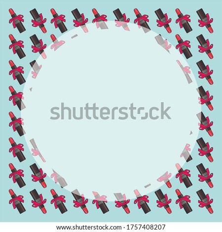 A group of objects on a turquoise background: red lipstick tied with a scarlet ribbon in the form of a gift. Template for design, price guide, stocks. Lipsticks lie in several rows. space for text