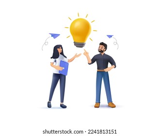 Group office workers work office or coworking space, brainstorm, idea. Business characters man and woman talking and make strategy. Light bulb lamp as new idea. 3D render illustration - Powered by Shutterstock