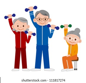 Group Of Older Mature People Lifting Weights In The Gym