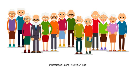 Group Older People In Pairs. Seniors People Stand In A Row. Elderly Man And Woman Stand Together And Hug Each Other. Illustration Isolated On White Background In Flat Style.
