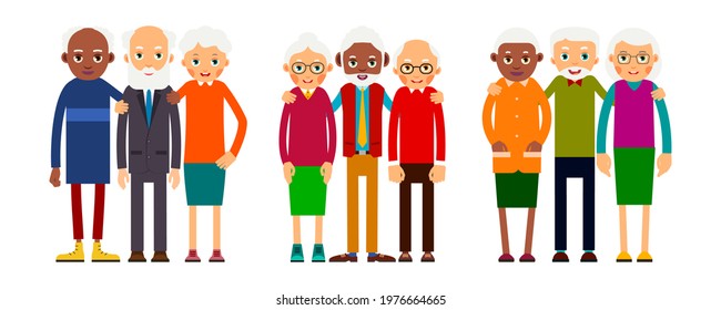 Group Older People. Three Grouping Aged People Black And White. Elderly Men And Women Stand Together And Hug Each Other. Illustration In Flat Style. Isolated
