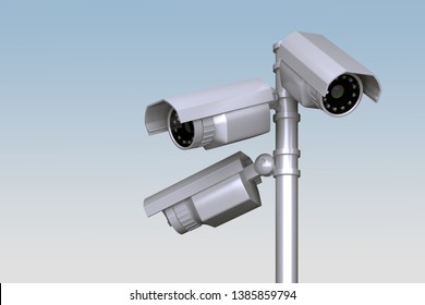 group of outdoor video cameras on pole. 3d rendering