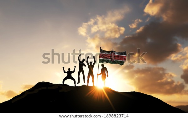 A group of people celebrate on a mountain top with\
Kenya flag. 3D Render