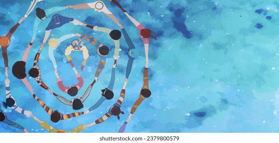 Group people in circle from diverse culture holding hands.Teamwork and cooperation.Community of friends or volunteers committed to social issues for peace and the environment.Top view.Equal - Powered by Shutterstock