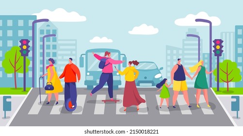 Group Of People Crossing City Road, Pedestrians Walking On Crosswalk. Characters Cross Street On Pedestrian Crossing  Illustration. Boy And Girl On Skateboard And Unicycle, Woman With Phone