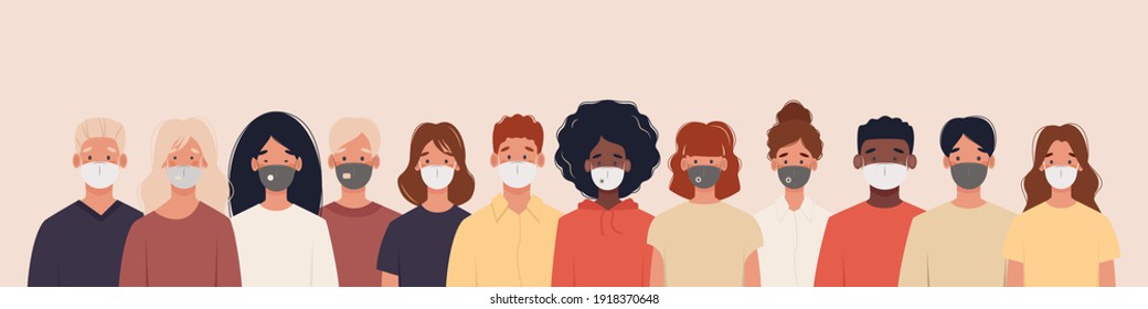 Group Of People With Different Nationalities Wearing Medical Masks To Prevent Disease, Flu, Air Pollution, Contaminated Air, World Pollution. Illustration In A Flat Style