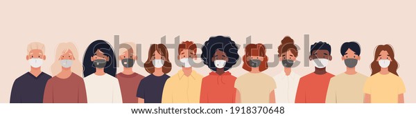 Group of people\
with different nationalities wearing medical masks to prevent\
disease, flu, air pollution, contaminated air, world pollution.\
Illustration in a flat\
style