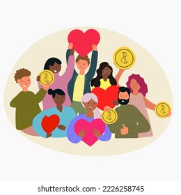 Group Of People Holding Cash And Hearts For Charity And Help. Give And Share Your Money. Contribution And Donation. Flat Design, Illustration Isolated On White Background.