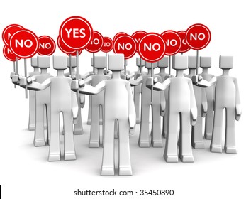 Group Of People Holding Sign With NO Only One Person Stand Out Of Crowd Holding A Yes Sign 3d Illustration