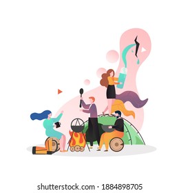 Group of people male and female characters friends sitting around the campfire, illustration. Camping, hiking concept for web banner, website page etc. - Powered by Shutterstock