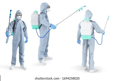 A Group Of People In Protective Suits, Masks, Goggles And A Spray Gun Disinfect The Environment. 3d Illustration Isolated On A White Background. Front, Side, Back View. 3d Render.