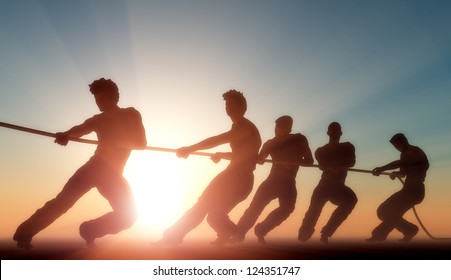 Group of people pulling the rope in the sunlight.