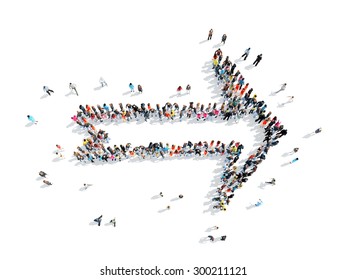 A group of people in the shape of an arrow, a flash mob.