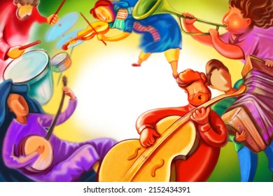 un grupo de personas paradas alrededor del lugar para el texto, vestidas con ropa colorida, tocan acordeón, trompeta, violín, tambores, contrabando, guitarra y canto