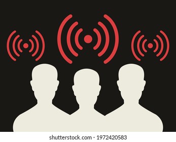 Group Of People Under Radio Waves, Wifi, Cellular. Dangerous Radio Waves Conceot. Human Sillhouettes.