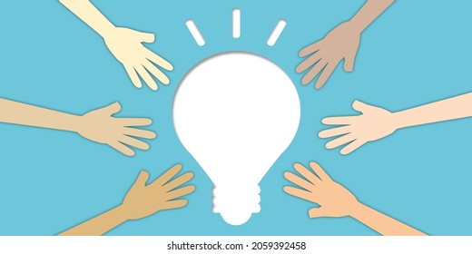 Group of people united diversity with white light bulb and unity partnership as oneness in a group. Concept teamwork, Idea and inspiration or creativity, Hands together, Joining. Paper art style. - Powered by Shutterstock