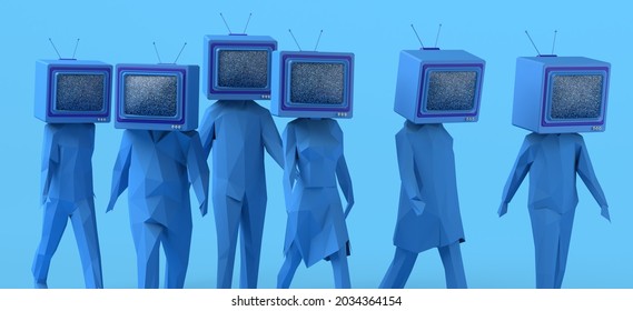 Group of people walking with an old television instead of head. Passive subjects. Control and manipulation of mass media. Television audience. 3D illustration. Copy space.