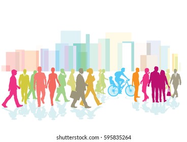 Group Of People Walking On A Street In The City, 3D Illustration