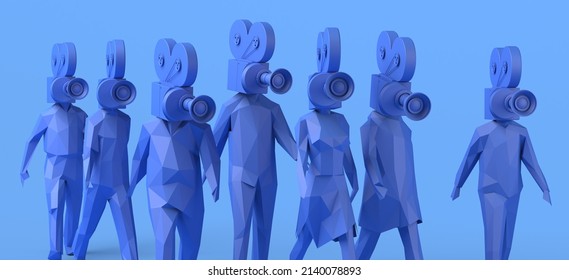 Group of people walking with a video camera instead of head. Multimedia journalism. Mass media. 3D illustration. Copy space.
