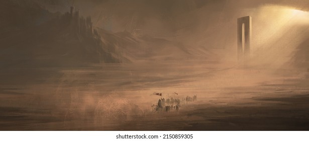 A group of pilgrim cavalry in the wasteland.