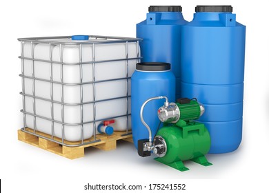 Group of plastic water tanks and pumping station