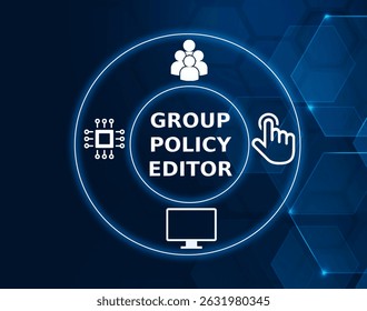 group policy editor tech concept.A tool in Windows that allows administrators to configure and manage policies on a local machine or in a networked environment.