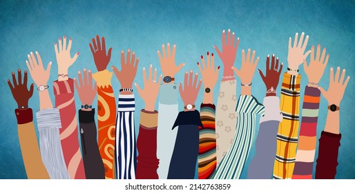 Group Raised Human Arms And Hands.Diversity Multiethnic People. Racial Equality. Men And Women Of Diverse Culture And Nations. Coexistence Harmony. Multicultural Community Integration