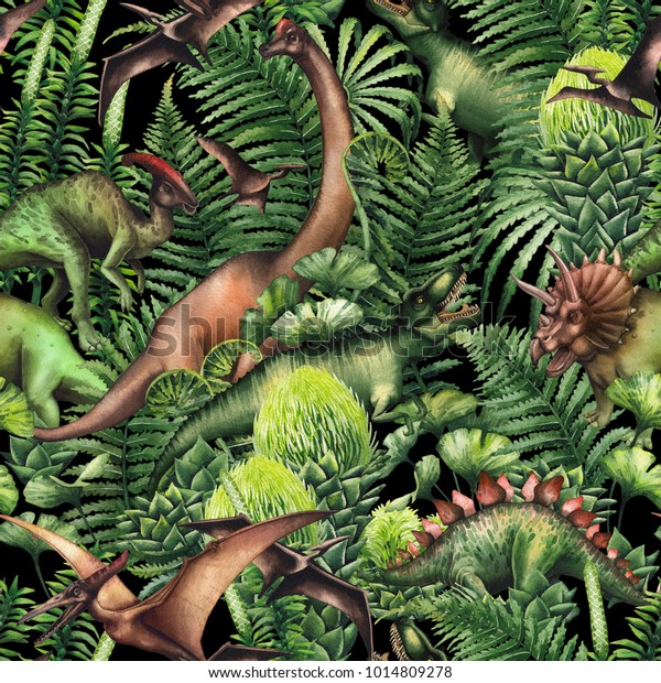 青々とした先史時代の植物に囲まれた 現実的な水彩恐竜のグループ ジュラ紀の動物 手描きのシームレスな模様 のイラスト素材