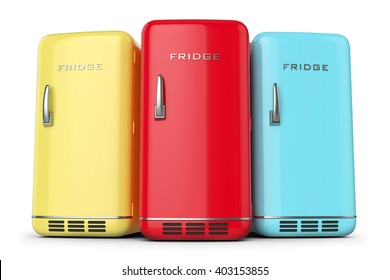 Group of retro colored fridges in row isolated on white background 3d