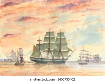 Group Of Sailing Ships,Tall Ship Watercolor Painting, Vessel Illustration