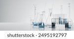 Group of scientific laboratory glassware with liquid solution, Research,development concept.Glass Laboratory Equipment Set.Flasks and measuring beaker for science experiment.3d render illustration