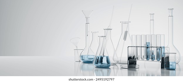 Group of scientific laboratory glassware with liquid solution, Research,development concept.Glass Laboratory Equipment Set.Flasks and measuring beaker for science experiment.3d render illustration - Powered by Shutterstock