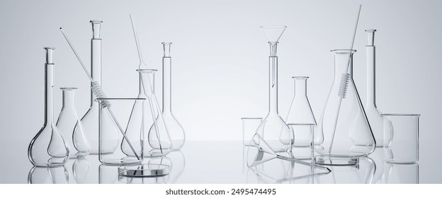 Group of scientific laboratory glassware with liquid solution, Research,development concept.Glass Laboratory Equipment Set.Flasks and measuring beaker for science experiment.3d render illustration - Powered by Shutterstock