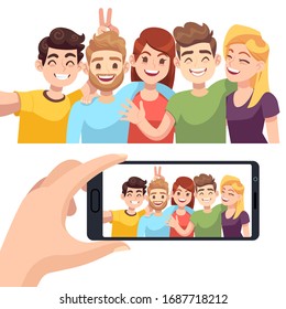 Group selfie on smartphone. Young happy people take selfie portrait, friendly smiling characters make photos on phone youth technology mobile for taking photo design - Powered by Shutterstock