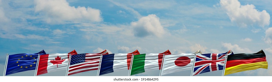 Group of Seven G7 flags waving with texture background- 3D illustration - 3D render