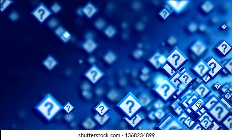 Group of signs with question marks on a blue backdrop, as a concept of questions of the choice from the web community in cyberspace. Abstract futuristic horizontal background.