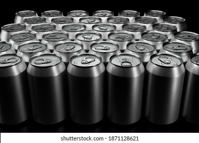 Group Of Silver Recyclable Aluminum Energy Drink Cans From Above Close Up Full Frame. 3D Rendering Mockup Of Alcohol Drink Can.