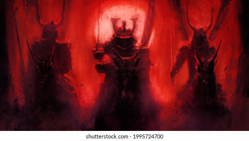 A group of sinister samurai with weapons at the ready rushes into battle against the background of the bloody sun, they are led by a demonic warrior on horseback with a katana in his hands. 2d 