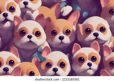 A Group Of Small Dogs With Big Eyes, There Are Many Puppies Of Different Sizes In This Photo. Seamless Texture