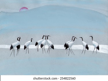 Group of storks at the river