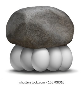 Group Strength Organization Business Concept As A Rock Or Boulder Lifted And Supported By A Team Of White Eggs Working Together To Create A Strong Partnership To Achieve Greater Goals In Solidarity.