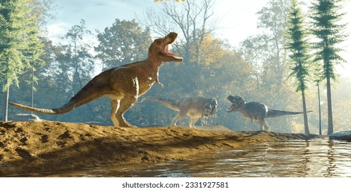 Group of T rex dinosaurs at the lake in the forest . This is a 3d render illustration .