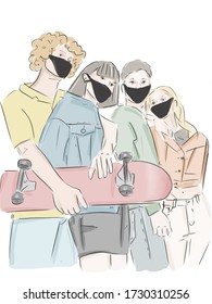 Group Of Teenagers In Mask Hanging Out In Skate Park In Active Sports, Free Space. Illustration