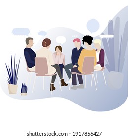 Group therapy for addiction people, support meeting psychology. Illustration group conversation psychotherapy, therapy session, psychological probelem in circle support