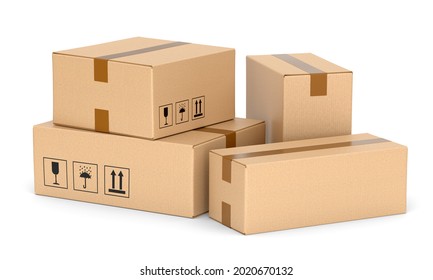 Group Of Three Cardboard Boxes Isolated On White Background. Doorstep Parcel Delivery, Free Shipping, And Online Shopping Concept. 3D Illustration