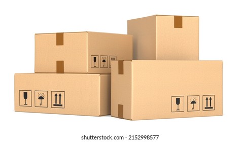 Group Of Three Cardboard Boxes Isolated On White Background. Doorstep Parcel Delivery, Free Shipping, And Online Shopping Concept. 3D Illustration