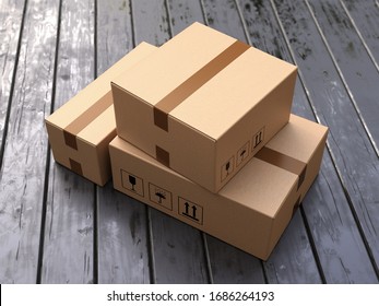 Group of three cardboard boxes on porch floor in front of entrance door. Doorstep parcel delivery, free shipping, and online shopping concept. 3D illustration