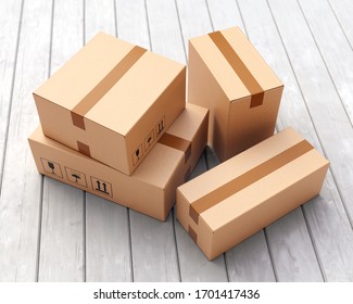 Group of three cardboard boxes on porch floor in front of entrance door. Doorstep parcel delivery, free shipping, and online shopping concept. 3D illustration