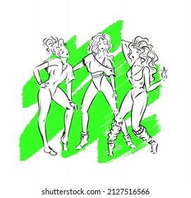 Group Of Three Women In Sportswear And Poses Of Retro 80s Aerobics, Illustration With Green Neon Background Spot